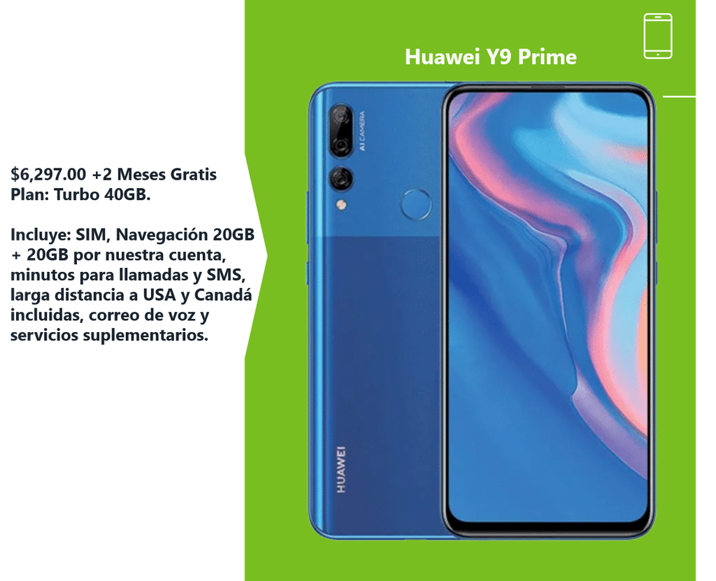 Huawei Y9 Prime +2 Meses Gratis Plan: Turbo 40GB