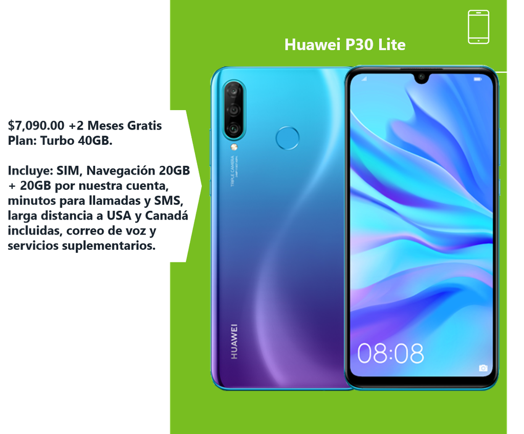 Combo Huawei P30 Lite +2 Meses Gratis Plan: Turbo 40GB