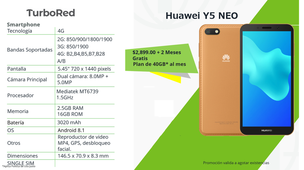 [Combo Huawei Y5 Neo] Huawei Y5 Neo +2 Meses Gratis Plan: Turbo 40GB
